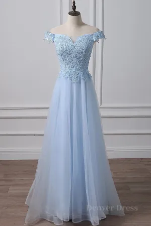 Elegant Off Shoulder Long Sky Blue Lace Prom Dress Off Shoulder Sky Blue Formal Dress Sky Blue Lace Evening Dress