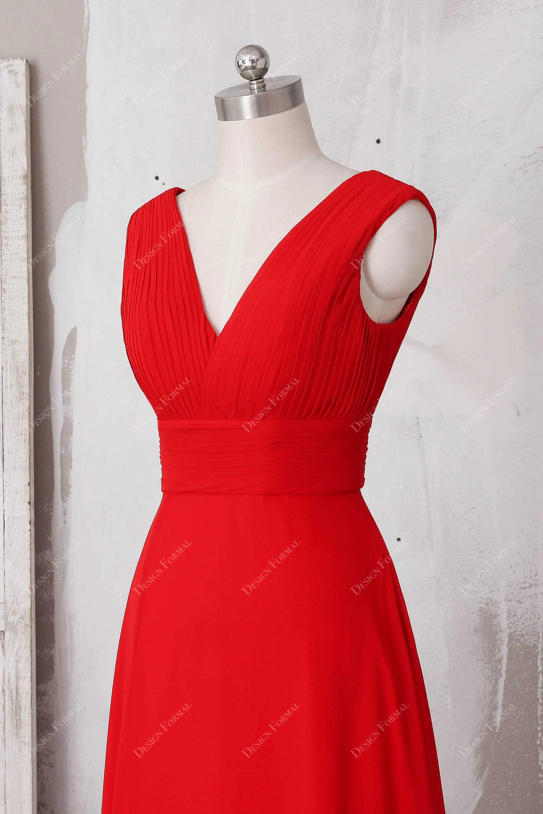 Elegant Red Chiffon V-neck Slit Simple A-line Formal Dress