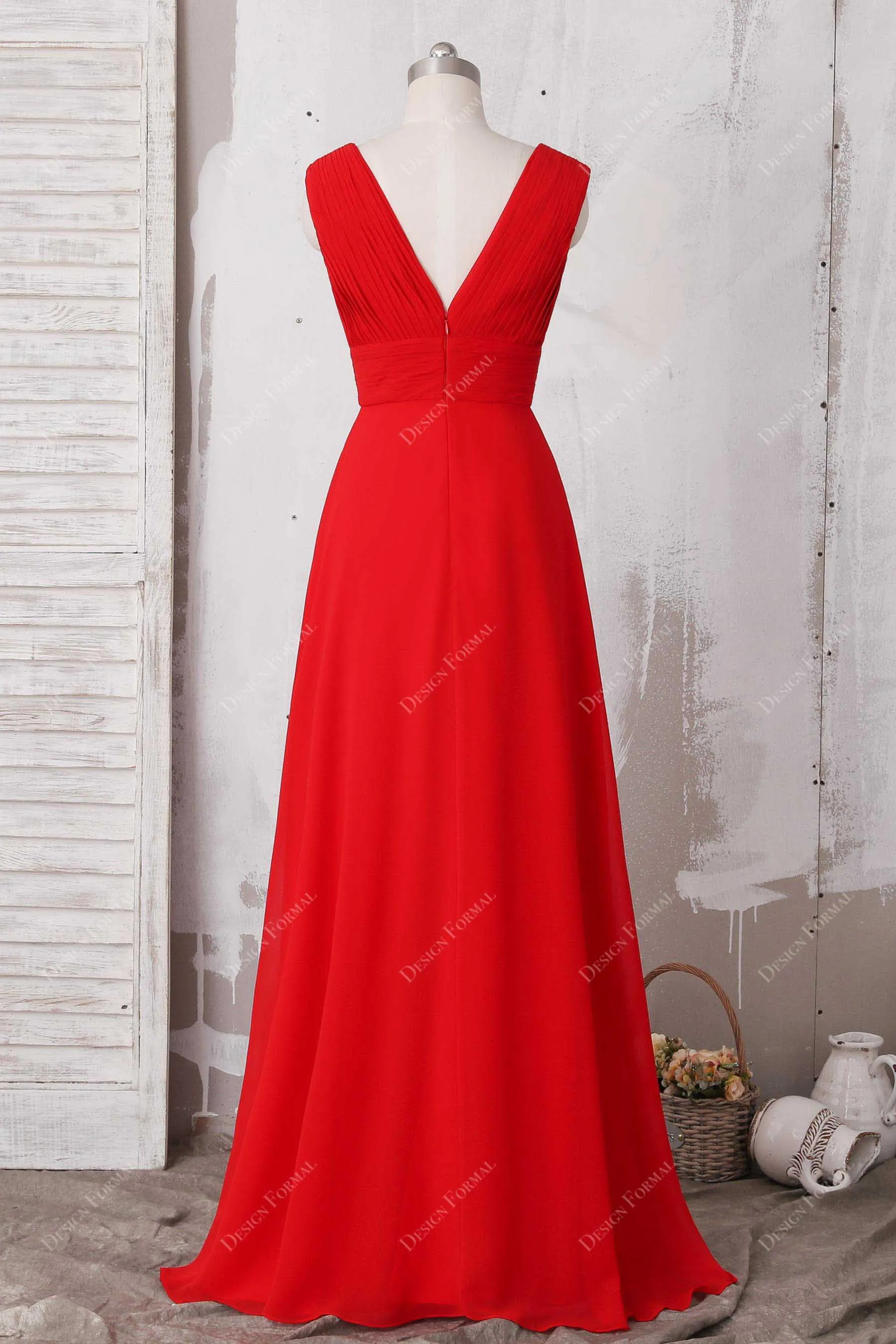 Elegant Red Chiffon V-neck Slit Simple A-line Formal Dress