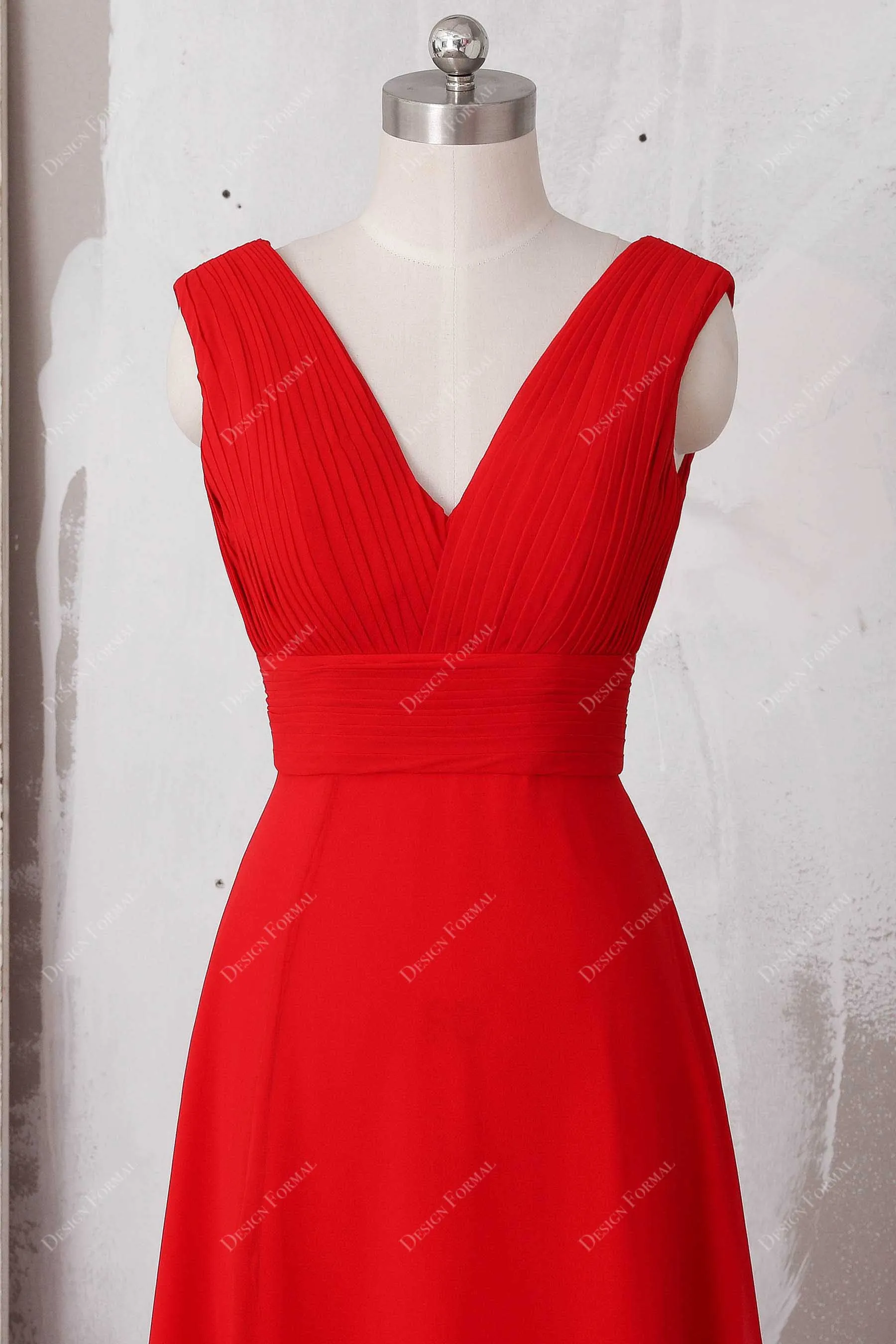 Elegant Red Chiffon V-neck Slit Simple A-line Formal Dress