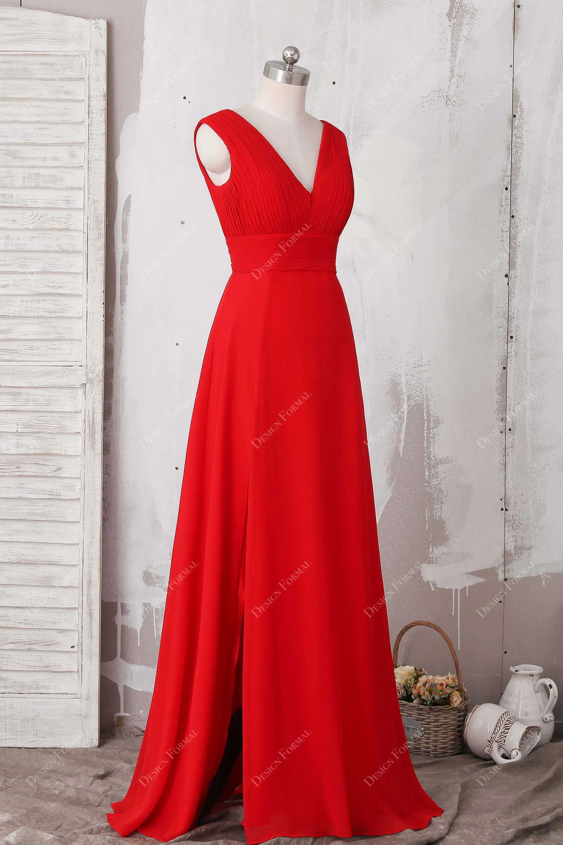 Elegant Red Chiffon V-neck Slit Simple A-line Formal Dress