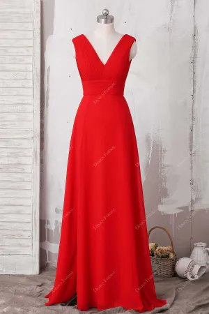 Elegant Red Chiffon V-neck Slit Simple A-line Formal Dress