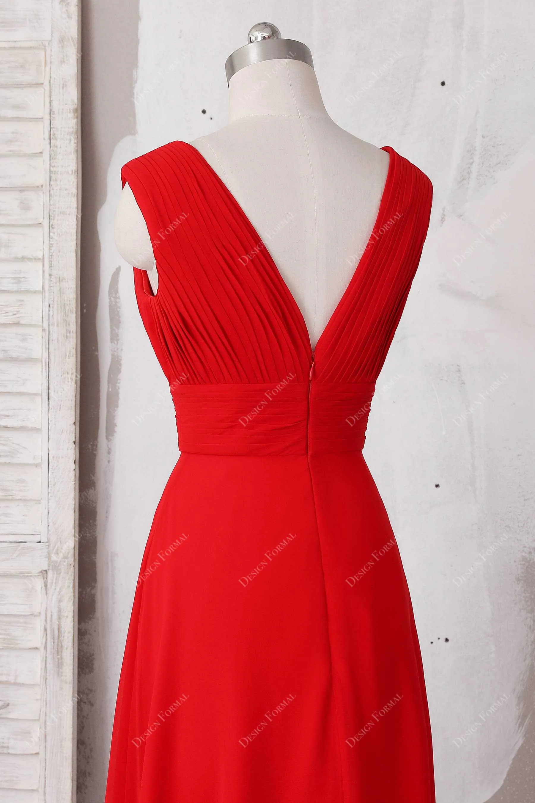 Elegant Red Chiffon V-neck Slit Simple A-line Formal Dress