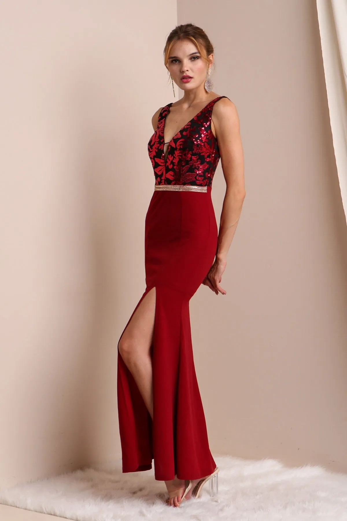 Elegant Sequins and embroidered Dress with Slit