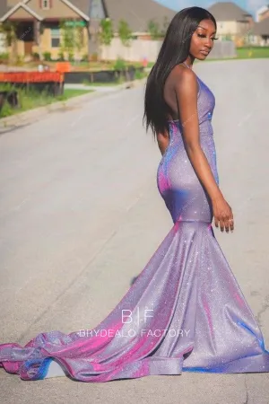 Ombre Purple Glitter Halter Neck Trumpet Long Train Prom Dress