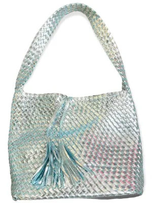 WOVEN VEGAN BLUE METALLIC HANDBAG