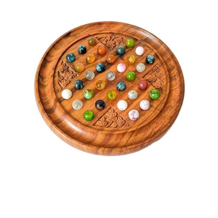 Hand Carved Rosewood Solitaire Board Game Set 9 with 37 Marbles Wooden Solitaire Game
